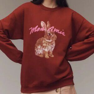 NWT Anthropologie Graphic Pullover Sweatshirt in Burgundy Bunny Mon Amie LARGE